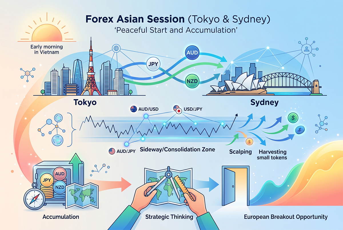 Phiên Á (Tokyo & Sydney) – Sự Khởi Đầu Bình Yên và Tích Lũy